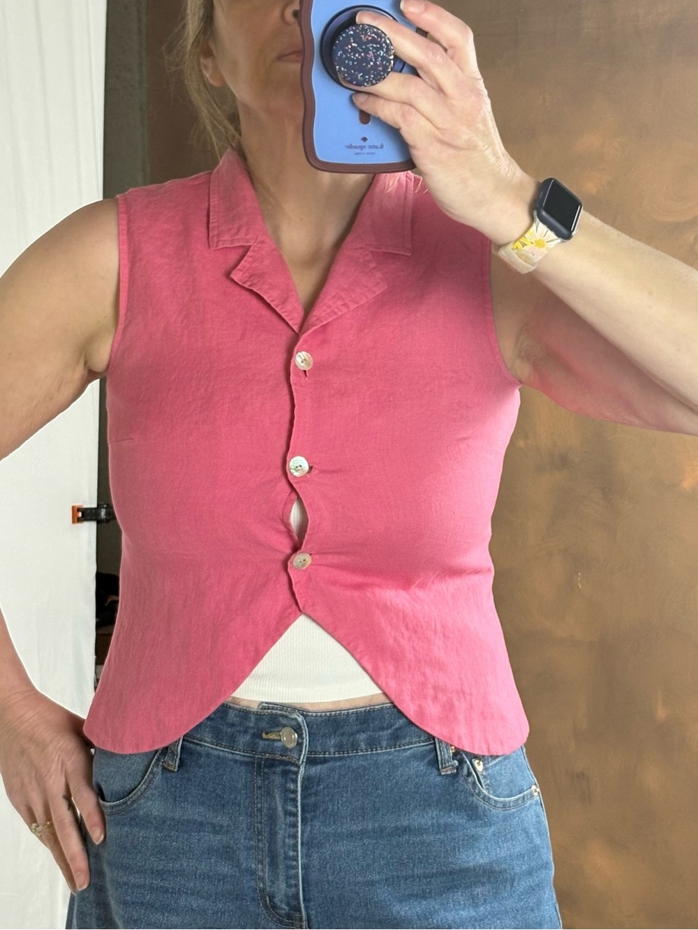 Talbots Sleeveless Coral-Pink Button Front Linen Top